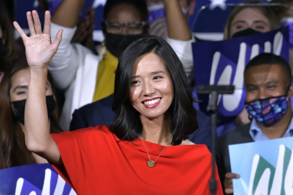Boston Mayor-elect Michelle Wu greets supporters at her election night party. Photo: AP