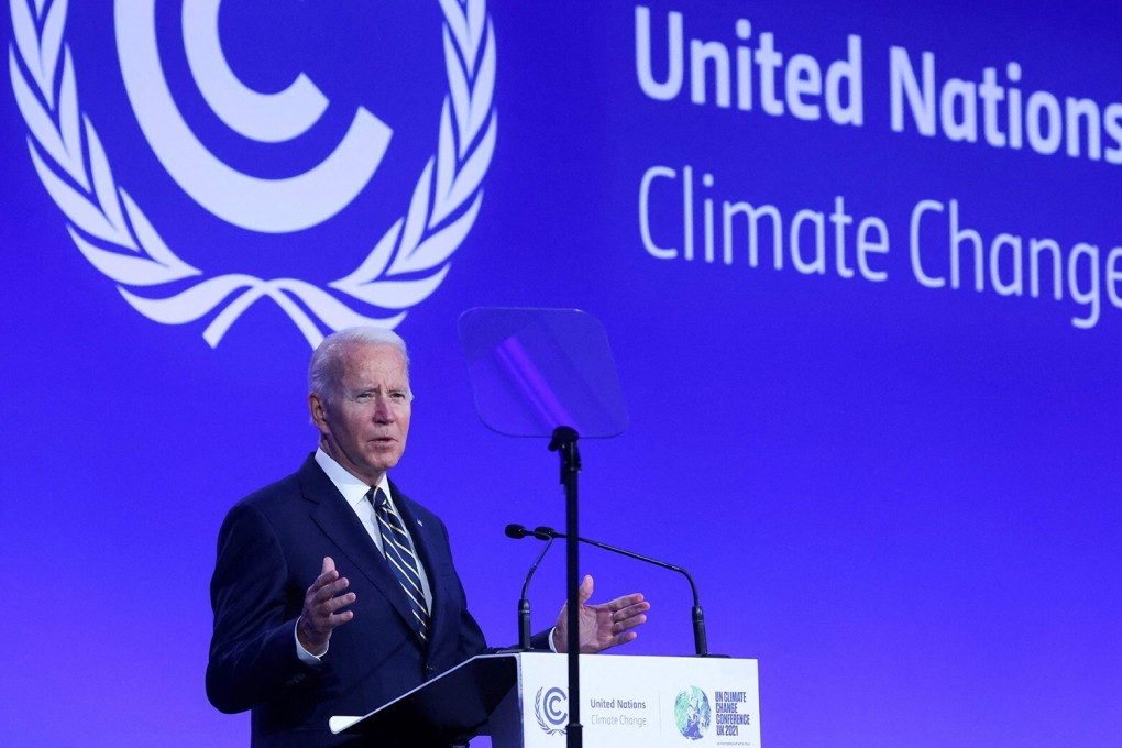 US President Joe Biden presents at the COP26 UN Climate Change Conference in Glasgow. China’s ambassador to the UN has countered US criticism of President Xi Jinping’s absence from the summit with comments on US withdrawal from the Paris Agreement. Photo: AFP