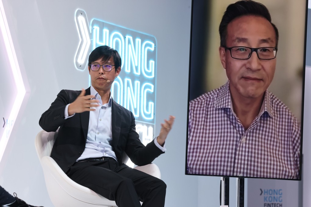David Liao (left), HSBC’s co-CEO for Asia-Pacific, and Joseph Tsai, executive vice-chairman of Alibaba Group Holding, speak during a panel at the 2021 Hong Kong FinTech Week. Photo: K.Y. Cheng