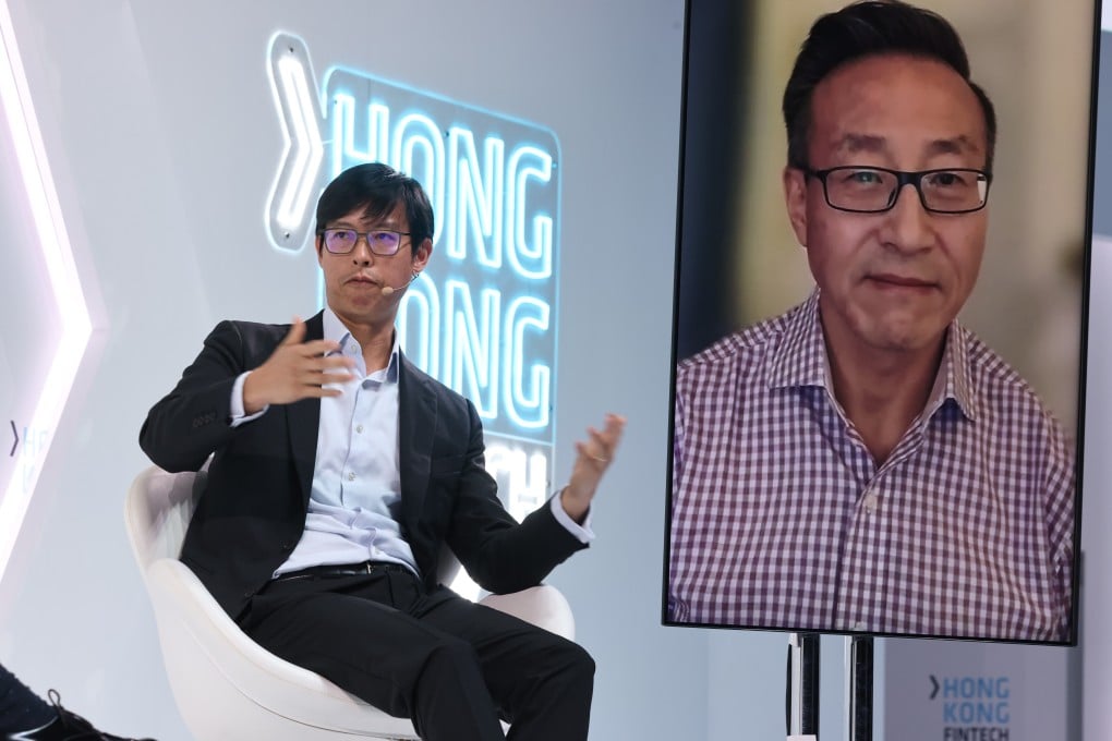 David Liao (left), HSBC’s co-CEO for Asia-Pacific, and Joseph Tsai, executive vice-chairman of Alibaba Group Holding, speak during a panel at the 2021 Hong Kong FinTech Week. Photo: K.Y. Cheng