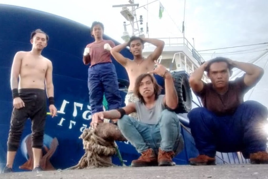 Indonesian Aji Proyogo died after jumping into the sea with Brando Brayend Tewuh in an attempt to escape the fishing boat. He is in the foreground with brown boots and longish hair. Photo: Handout