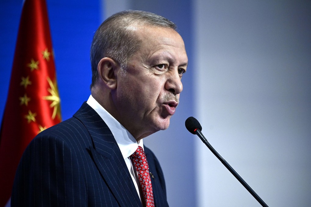 Turkish President Recep Tayyip Erdogan speaks during a press conference at the G20 Summit in Rome on Sunday. Photo: EPA-EFE