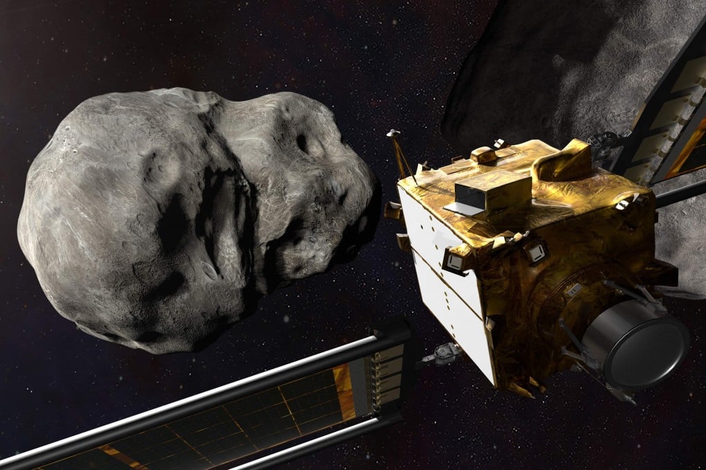 An artist’s illustration shows the Dart spacecraft from behind as it approaches the Didymos binary system. Image: Nasa/Johns Hopkins APL via AFP