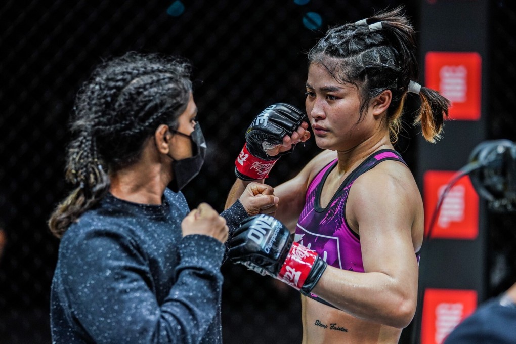 Stamp Fairtex (right) stares down Ritu Phogat at ONE: NextGen. Photo: ONE Championship