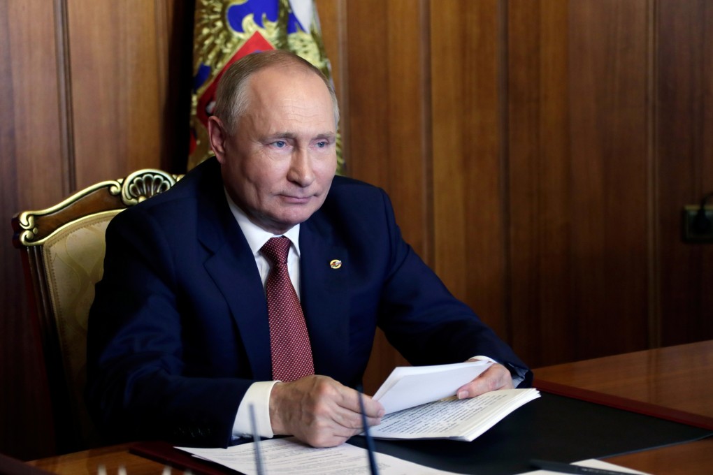 Russian President Vladimir Putin attends a session of the Supreme State Council of the Union State of Russia and Belarus via a video link in Sevastopol, Crimea on Thursday. Photo: Sputnik via Reuters