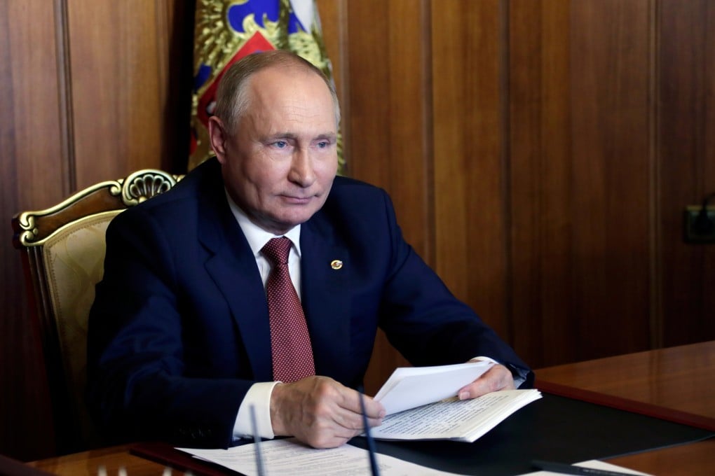 Russian President Vladimir Putin attends a session of the Supreme State Council of the Union State of Russia and Belarus via a video link in Sevastopol, Crimea on Thursday. Photo: Sputnik via Reuters