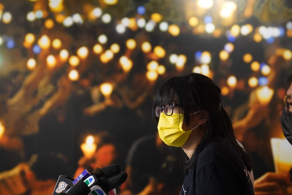 Chow Hang-tung at a press briefing earlier this year of the now-dissolved Hong Kong Alliance in Support of Patriotic Democratic Movements of China. Photo: Sam Tsang