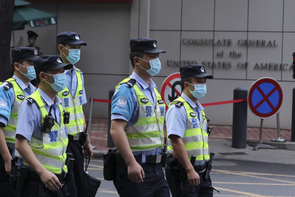 Chinese police stand guard outside the US consulate in Chengdu in July 2020. Photo: Simon Song