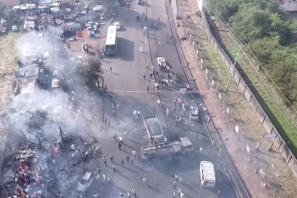 A crowd of onlookers gather at the site of the fuel tanker explosion in Freetown, Sierra Leone. Photo: NDMA via Reuters