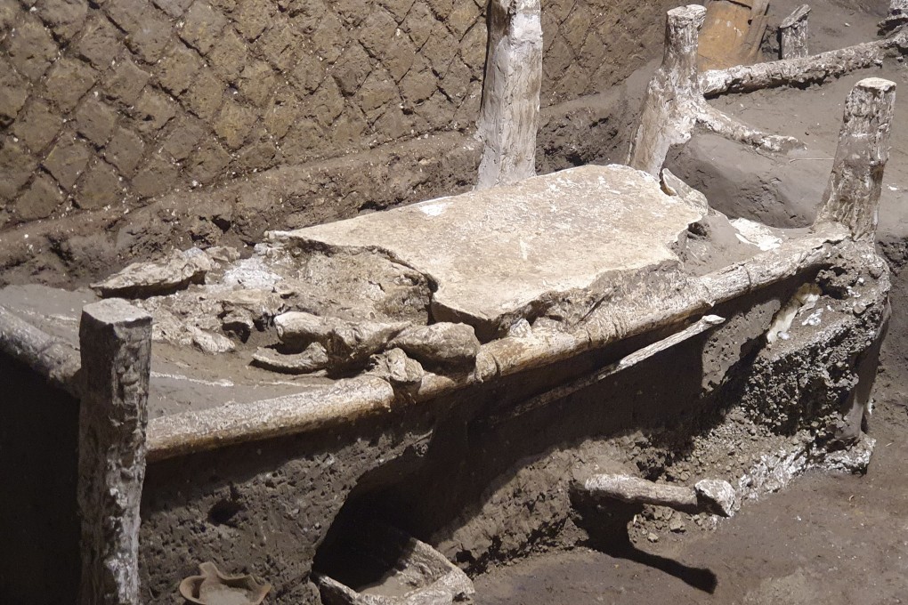 A wooden bed inside the slave room at a Roman villa in Pompeii. Photo: Pompeii Archaeological Park/Ministry of Cultural Heritage and Activities and Tourism/Reuters