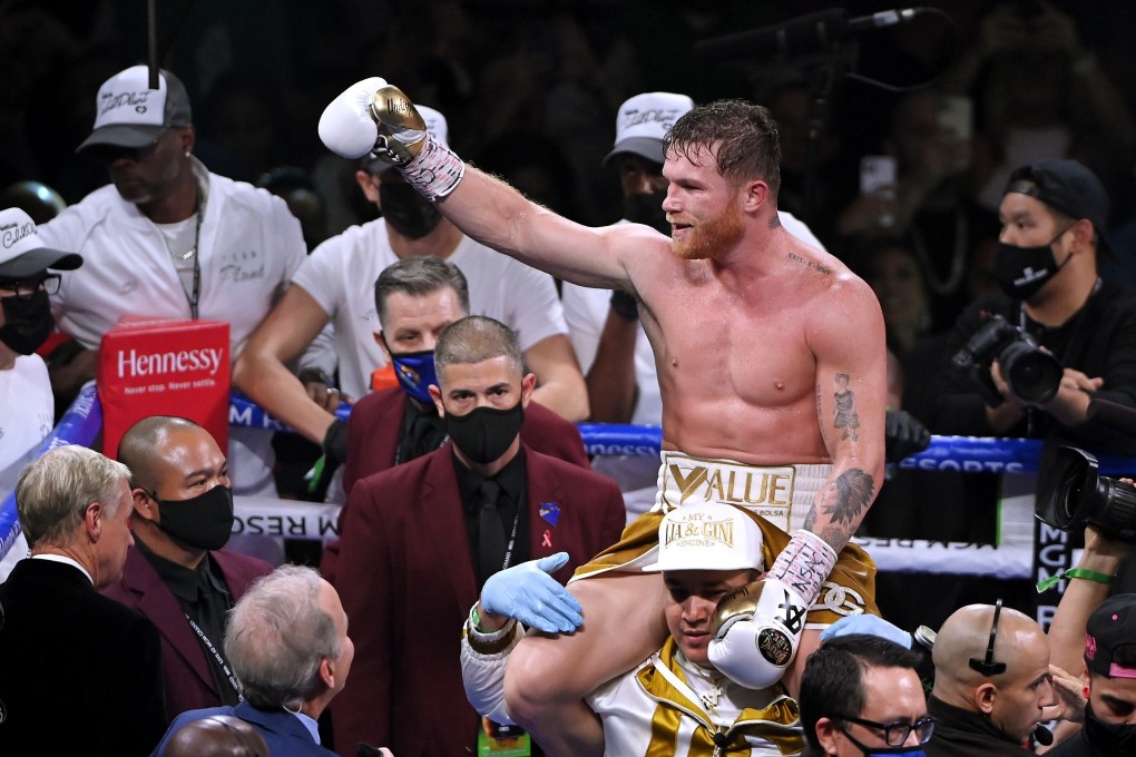 Canelo Alvarez celebrates his 11th round technical knock out win against Caleb Plant after their championship bout for Alvarez's WBC, WBO and WBA super middleweight titles and Plant's IBF super middleweight title at MGM Grand Garden Arena in Las Vegas. Photo: AFP