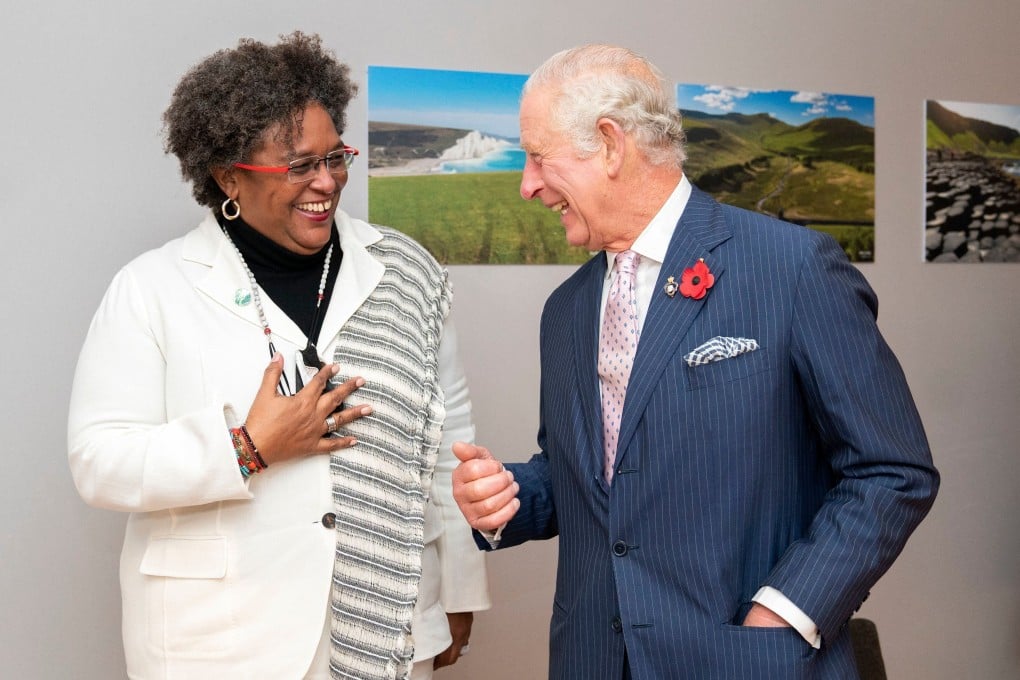 Britain’s Prince Charles and Barbados’ Prime Minister Mia Amor Mottley in Glasgow, Scotland on November 1. Photo: AFP