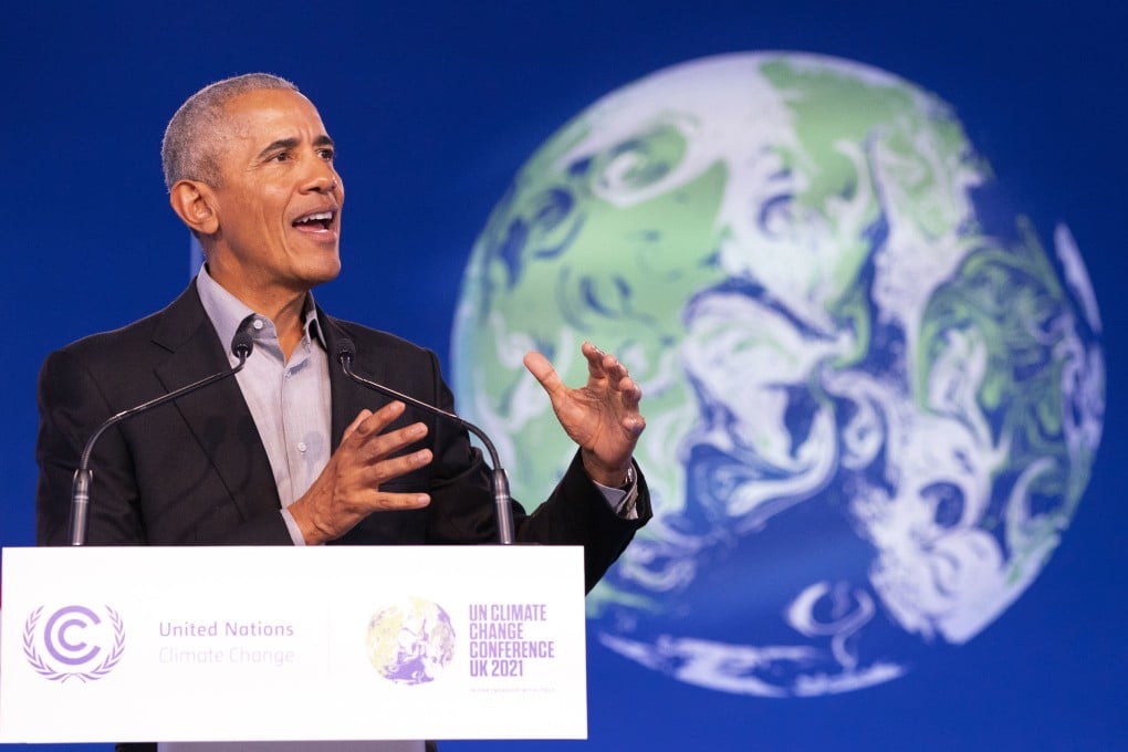 Former US President Barack Obama speaks during the COP26 UN Climate Summit in Glasgow, Scotland, on November 8. The summit is in its second week with leaders from around the world gathered to try to address the common challenge of global warming. Photo: AP