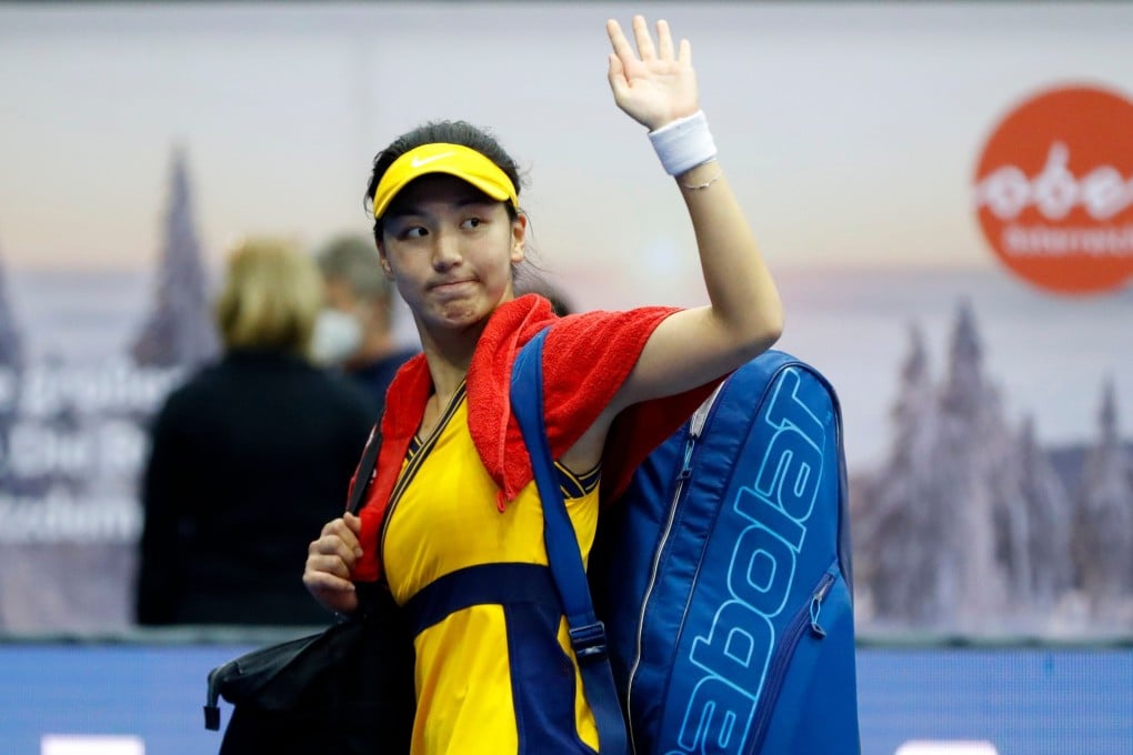 China's Wang Xinyu celebrates after winning her round of 16 match against Britain's Emma Raducanu at the WTA Upper Austria Ladies Linz tournament. Photo: Reuters