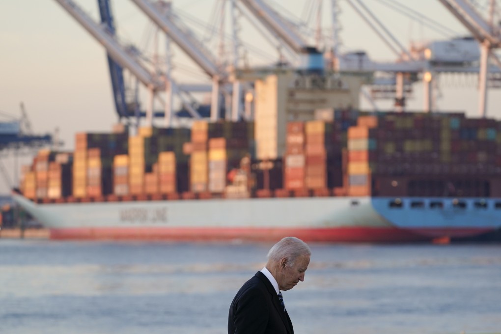 US President Joe Biden during a visit to the port of Baltimore. Photo: AP