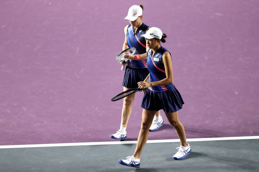 Samantha Stosur of Australia and Zhang Shuai of China walk off the court in a doubles match against Nicole Melichar of the US and Demi Schuurs of the Netherlands at the 2021 Akron WTA Finals Guadalajara. Photo: AFP