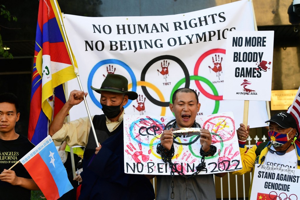 A rally at the Chinese consulate in Los Angeles reiterates calls for a boycott of the Winter Olympics over the “Communist Party’s severe and worsening human rights abuses”. Photo: AFP