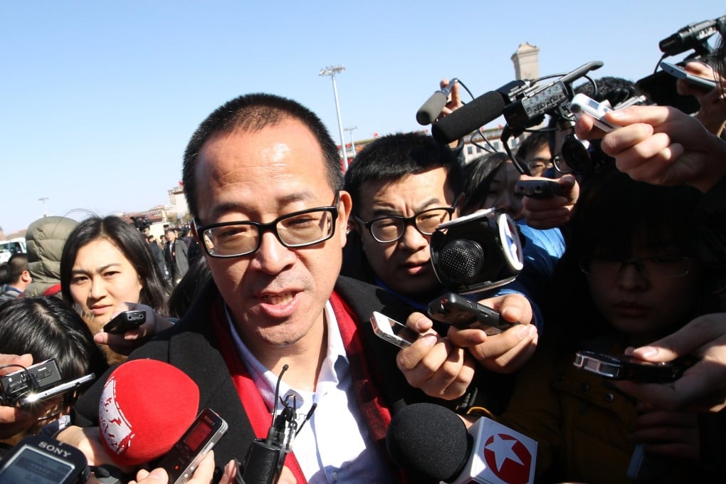 Yu Minhong, founder of New Oriental, speaks to the media on March 3, 2015. The entrepreneur said last week that his company will start selling farm products through live streaming after Beijing banned private education providers from teaching school subjects to children. Photo: Simon Song