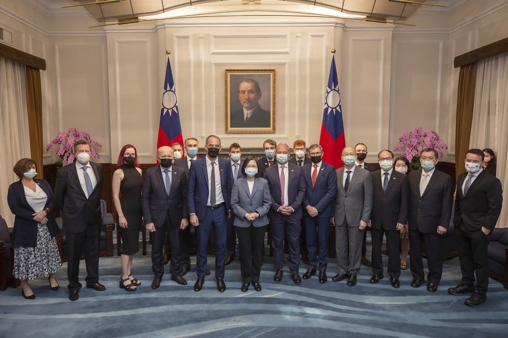 Taiwanese President Tsai Ing-wen (centre) meets EU parliamentarians in Taipei this month. Photo: AP
