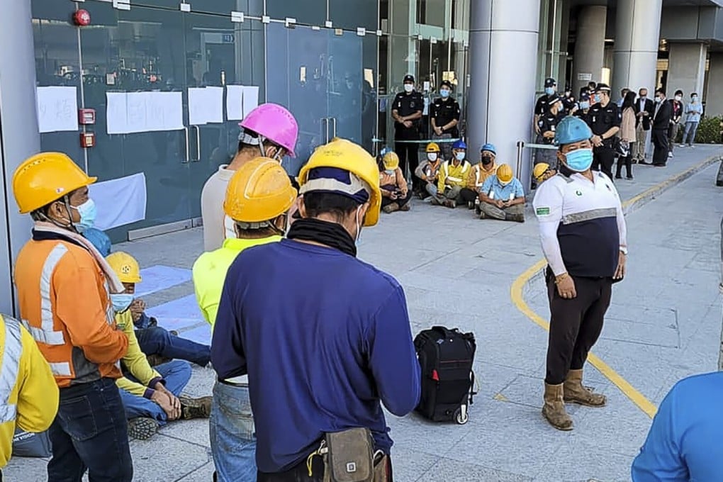 Workers involved in building a new terminal for Hong Kong International Airport’s planned third runway stage a protest on Tuesday. Photo: Facebook