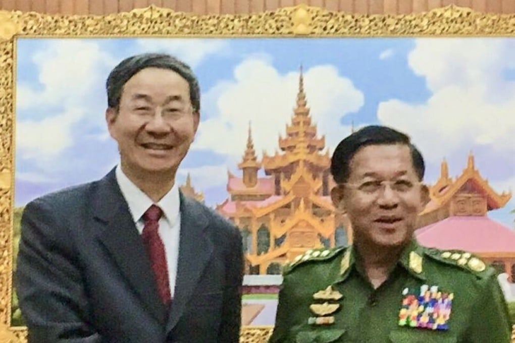 Chinese envoy Sun Guoxiang (left) meets Senior General Min Aung Hlaing during a previous visit to Myanmar in 2018. This week’s trip is China’s latest bid to help ease the crisis in the neighbouring country. Photo: Handout