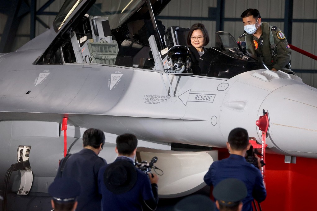 Taiwanese President Tsai Ing-wen oversees commission of the first squadron of the upgraded F-16V fighters at the Chiayi base. Photo: Reuters
