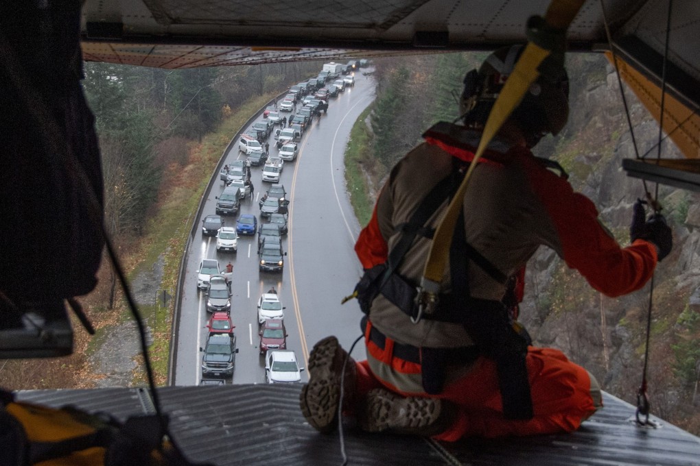 The view from a Royal Canadian Air Force helicopter during the rescue of over 300 motorists stranded by mudslides, in Agassiz, British Columbia. Reuters