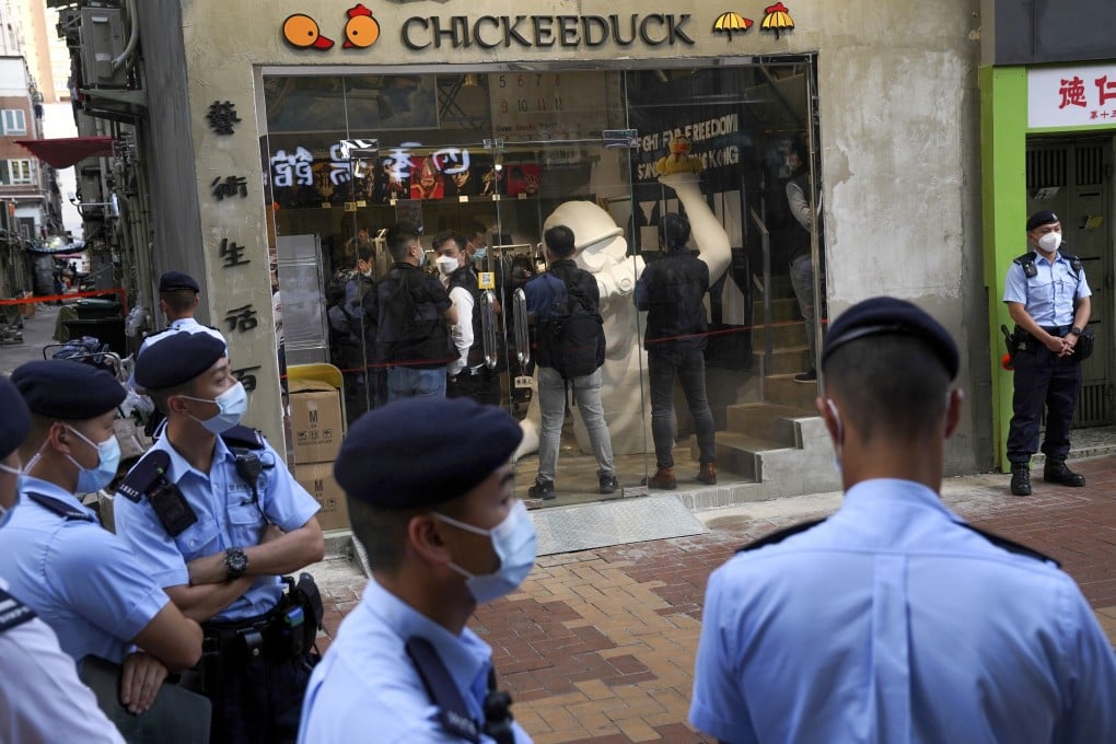 National security police searched a Chickeeduck store in Hong Kong earlier this year. Photo: Reuters