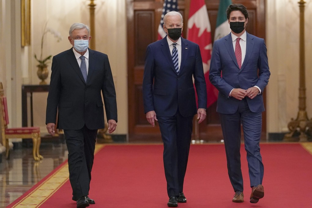 President Joe Biden with Mexican President Andres Manuel Lopez Obrador and Canadian Prime Minister Justin Trudeau at the White House. Photo: AP