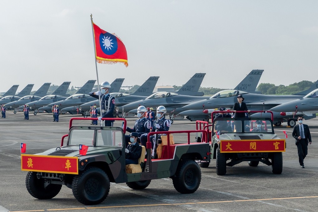 Taiwanese President Tsai Ing-wen oversees the commission of the first squadron of upgraded US-made F-16V fighter jets at Chiayi Air Force Base on Thursday. Photo: Taiwan Presidential Office/Handout via Reuters