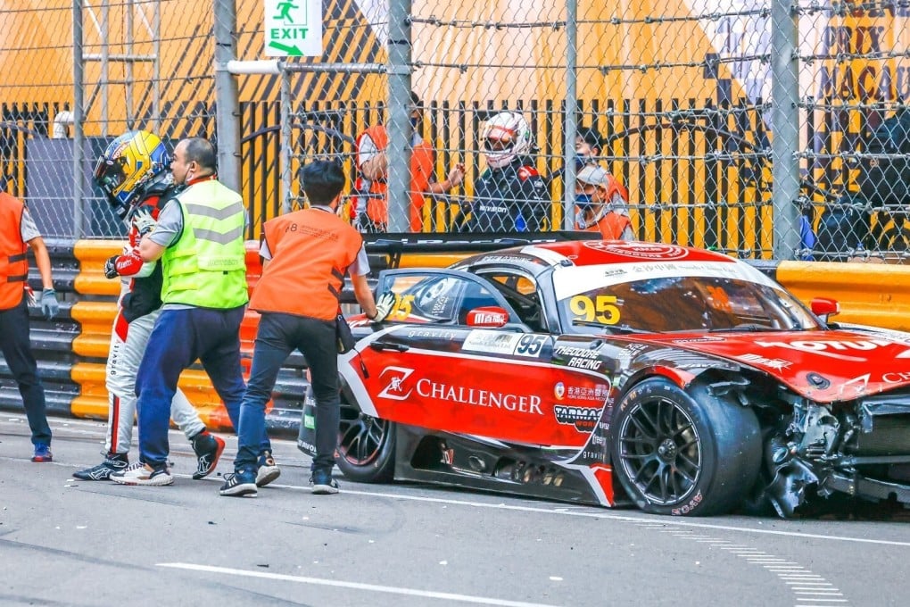 Hong Kong driver Darryl O'Young is taken to the medical centre after he crashes at the Macau Grand Prix GT Cup round one event. Photo: Macau Grand Prix
