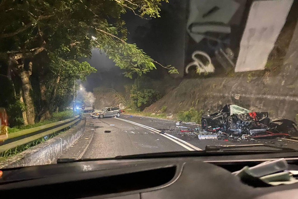 The wreckages of three vehicles involved in an accident on Bride's Pool Road, in Tai Po, in Hong Kong. Photo: Facebook