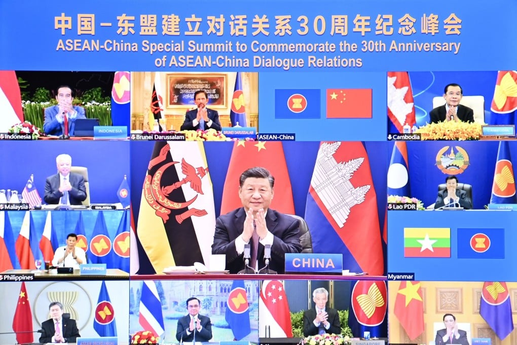 Chinese President Xi Jinping chairs the Asean-China summit via video link on Monday. Photo: Xinhua