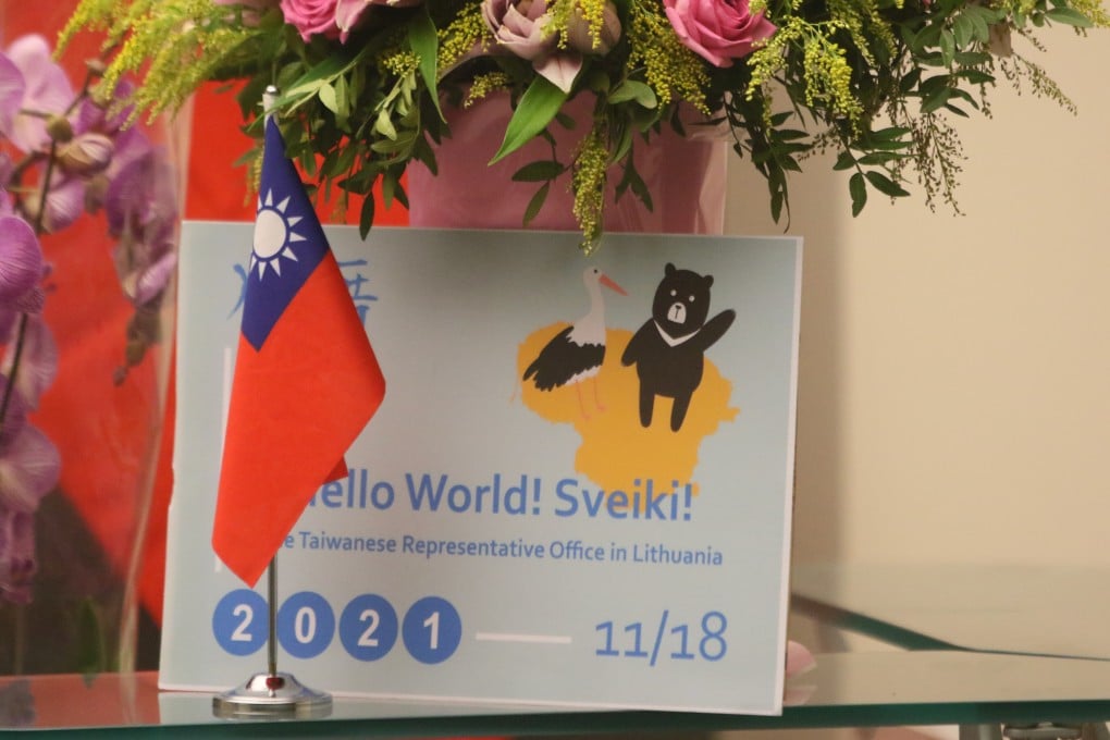 A Taiwanese flag sits on a desk at the reception of its representative office in Vilnius, Lithuania, which opened on November 18. Photo: EPA-EFE
