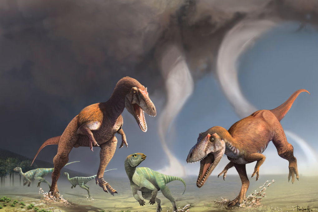 An artist's rendition of two gualicho shinyae, a predator with tiny arms like a T-Rex, but not closely related to T-Rex, preying upon a smaller dinosaur. Photo: Jorge González and Pablo Lara