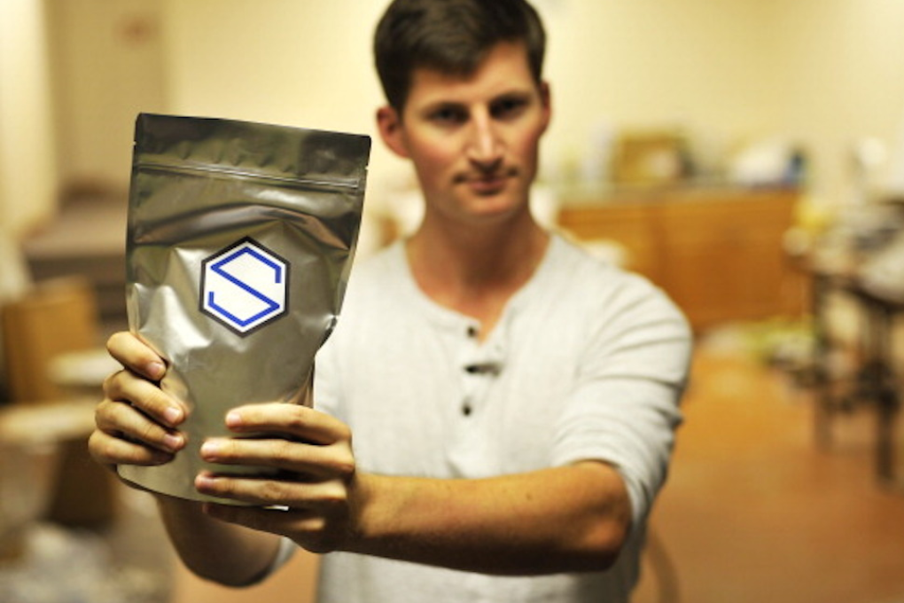 Soylent CEO Rob Rhinehart with an early iteration of Soylent. Photo: Josh Edelson/Getty Images