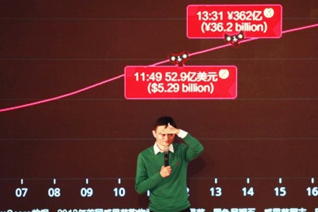 Alibaba co-founder Jack Ma shows off previous sales figures. The e-commerce company has turned November 11 into its biggest pay day by popularising the date as China’s ‘singles day’. Photo: SCMP Pictures