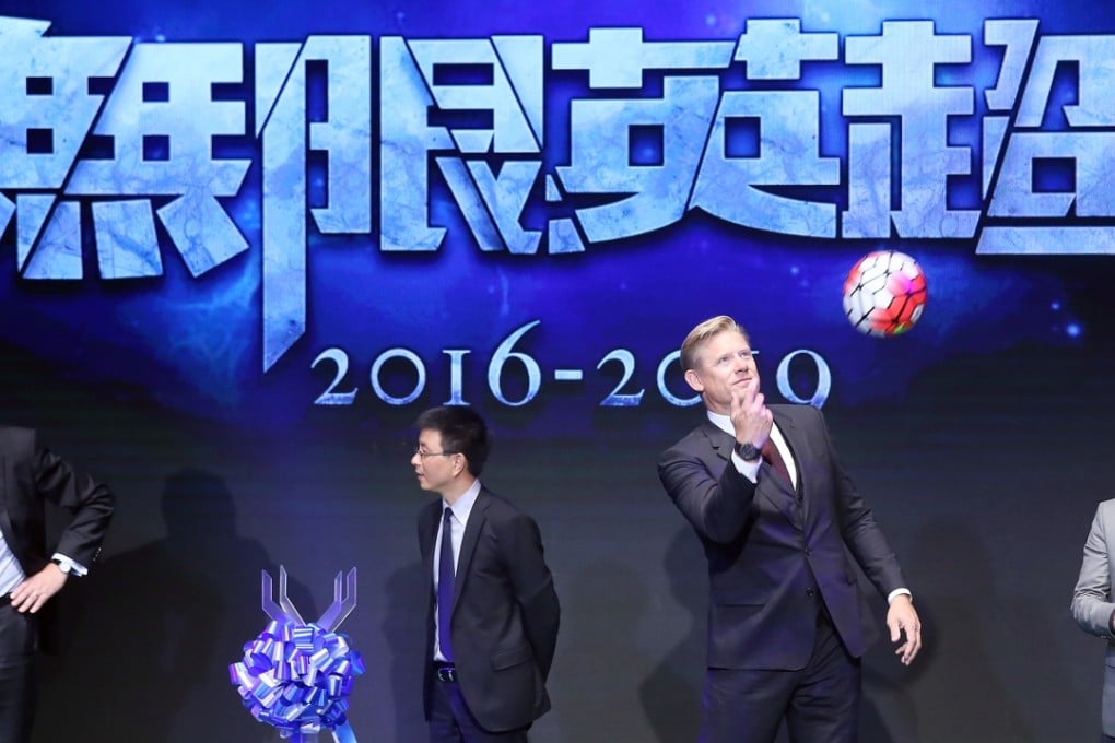 (L-R) English Premier League Chief Executive Richard Scudamore; CEO of Le Sports Lei Zhenjian; Danish retired goalkeeper Peter Schmeichel; and CEO of Le Sports in Hong Kong Cheng Yizhong, attend Letv Sports press conference announcement of their broadcast rights of English Premier League at the Crowne Plaza Hong Kong Kowloon East in Tseung Kwan O. Photo: K.Y. Cheng