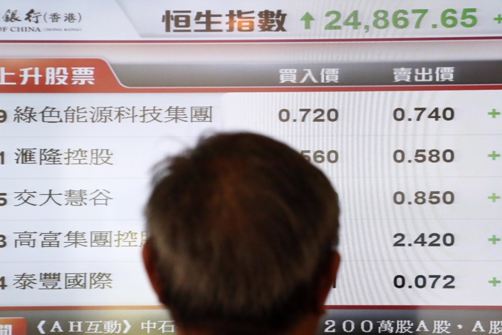 A man looking at a screen showing stock market at a bank in Tai Wai, Hong Kong . Photo: Felix Wong