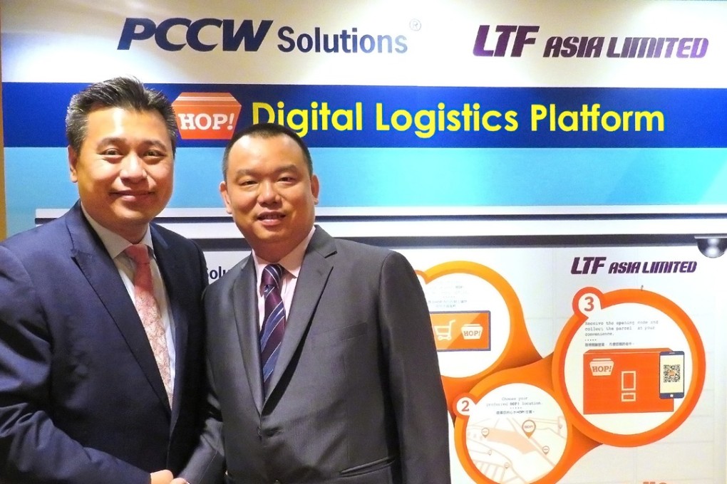 Sinko Choy, senior vice-president, sales and marketing at PCCW Solutions (left) and Wilson Fong, CEO, LTF Asia Ltd., announced the launch of the HOP! digital logistics platform on Tuesday in Hong Kong. Photo: Handout