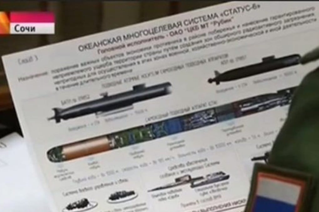 A still image obtained from Russian state TV purports to show plans for a huge nuclear torpedo. Photo: SCMP