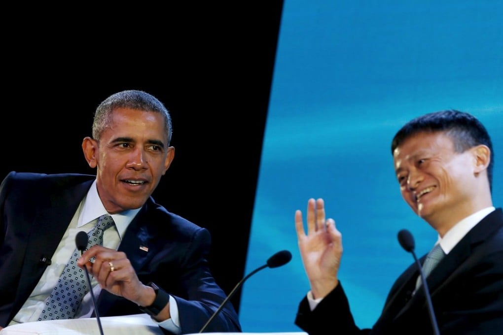 US President Barack Obama and Alibaba CEO Jack Ma take part in a panel discussion at the APEC CEO Summit in Manila. Photo: Reuters