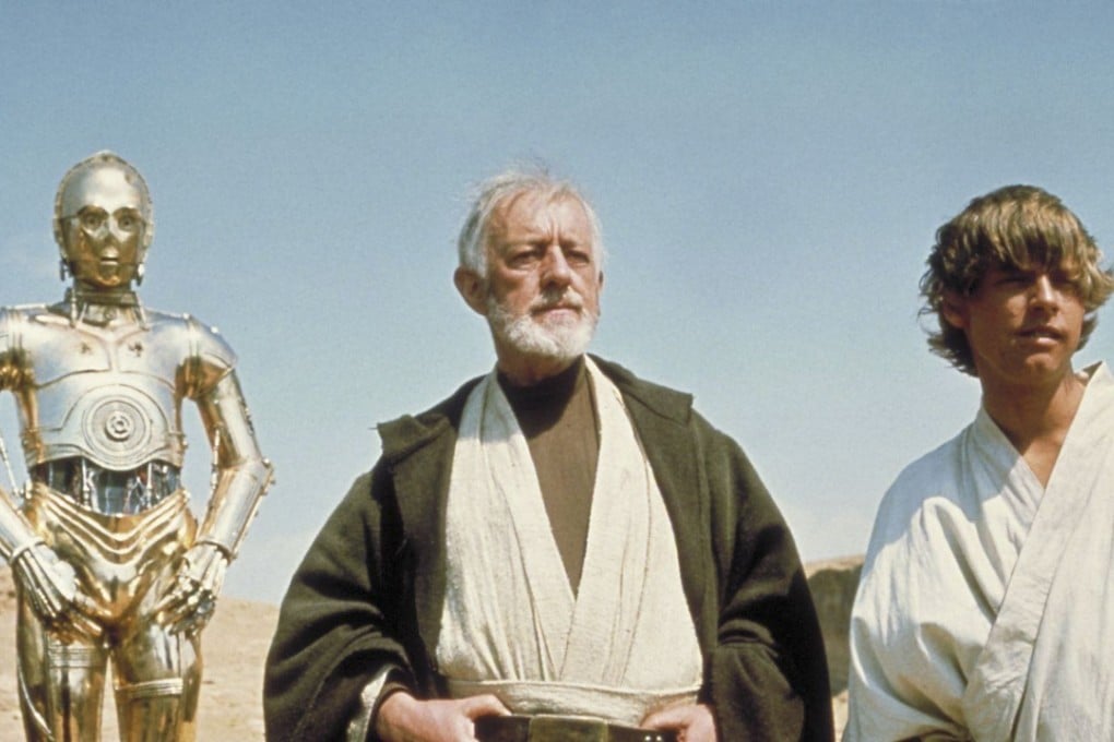 Alec Guinness and Mark Hamill on the set of the first Star Wars movie.