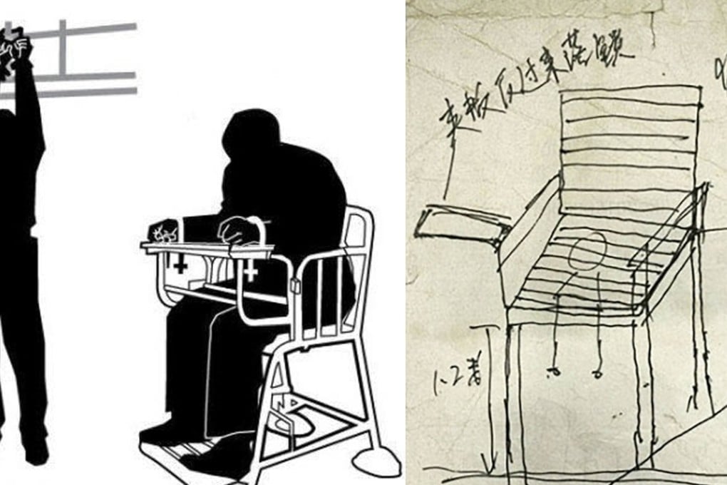 Torture methods such as hanging from the wrists and the tiger chair, left, said to be common in Chinese prisons, and lawyer Cai Ying’s sketch of a suspended interrogation chair (right). Photo: SCMP Pictures