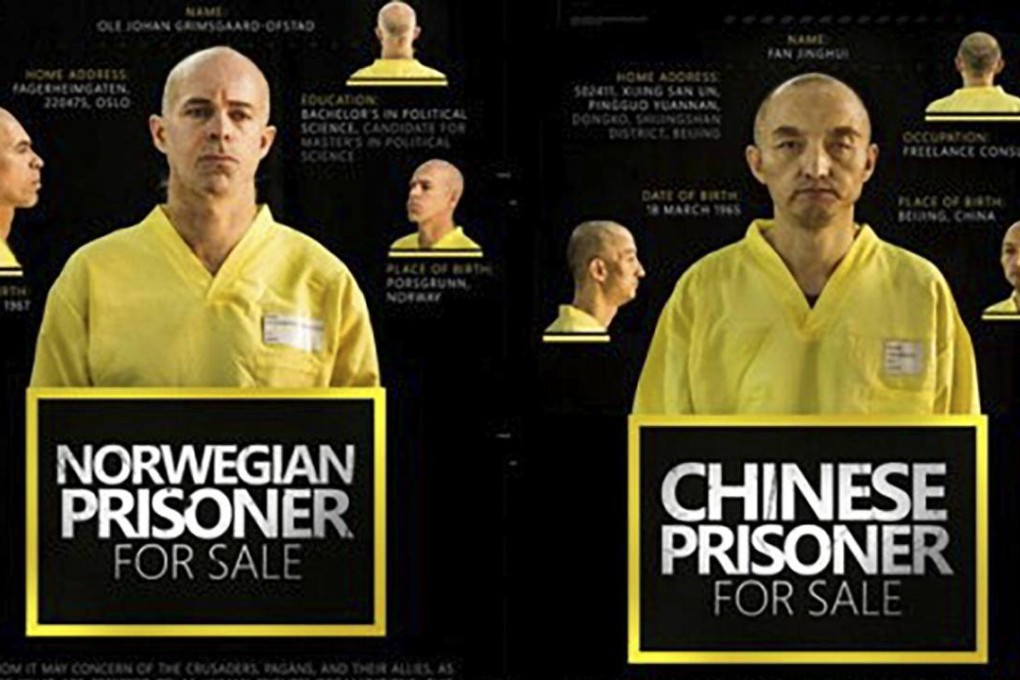 The poster released in September by Islamic State's magazine Dabiq, showing Ole Johan Grimsgaard-Ofstad, from Norway, and Fan Jinghui, 50, from Beijing. Photo: AP