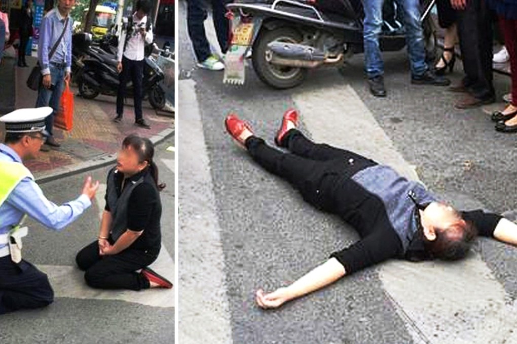 The woman at first tried to beg for leniency. When that didn’t work, she lay on the road until the policeman was distracted, then ran off. Photo: SCMP Pictures