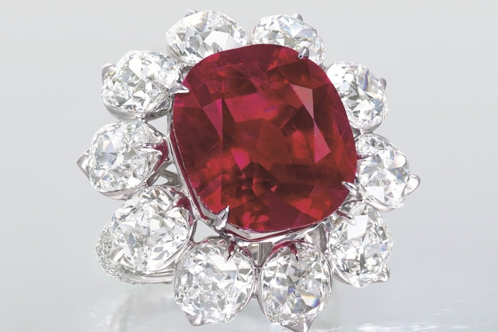 The Crimson Flame, a 15-carat Burmese pigeon’s blood ruby to be auctioned at Christie’s and valued between HK$78 million and HK$120 million.