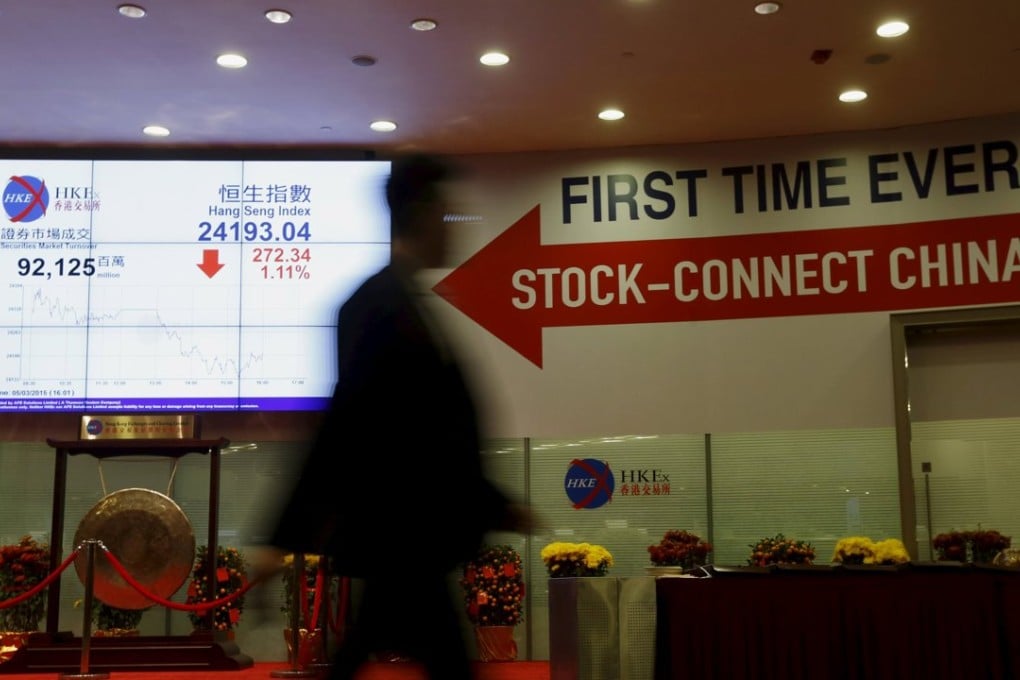 A man walks past a panel displaying the closing blue chip Hang Seng Index and a banner on "Shanghai-Hong Kong Stock Connect" inside the Hong Kong Exchange on March 5. Photo: Reuters