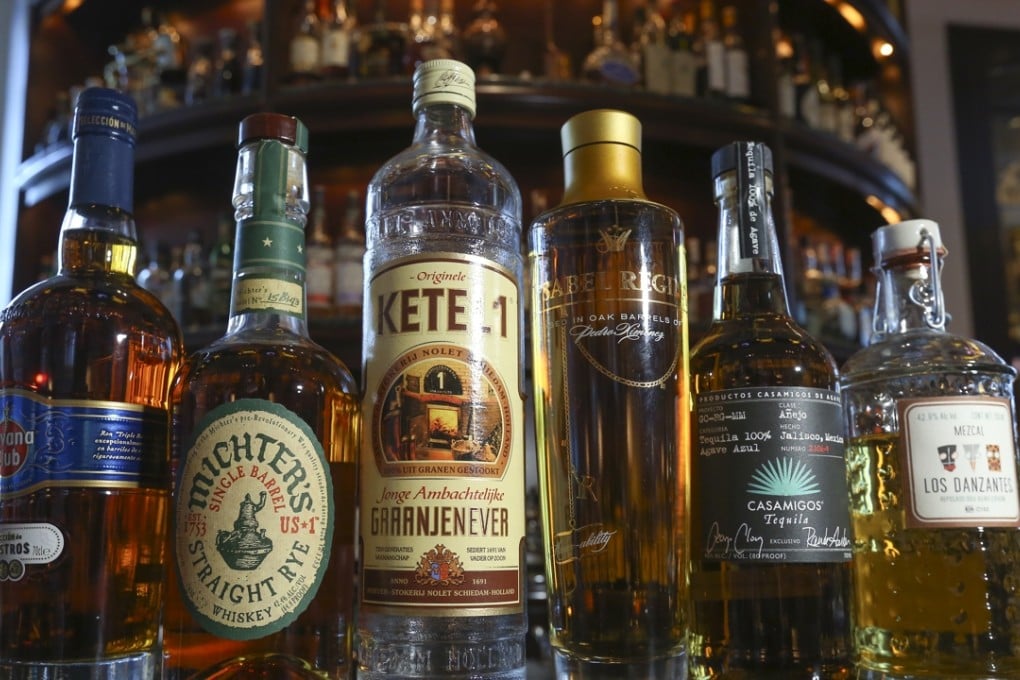 The different spirits that can be used to make an old-fashioned at Lobster Bar at Island Shangri-La in Admiralty.