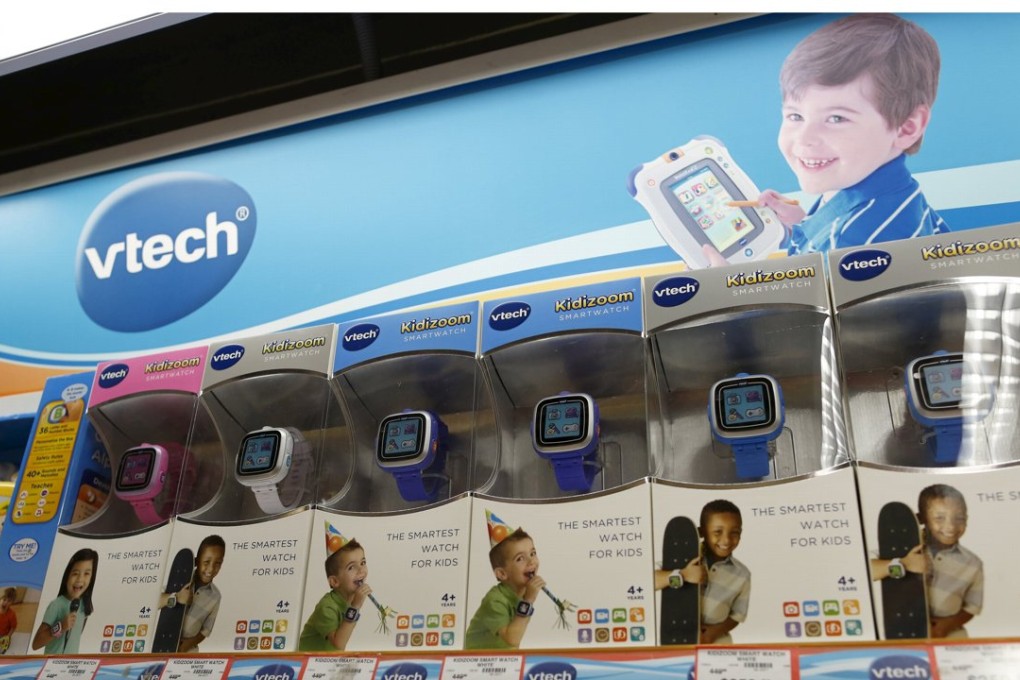 VTech Kidizoom Smartwatches are seen on display at a toy store in Hong Kong on Sunday. Shares of electronic toy maker VTech Holdings Ltd were temporarily suspended from trading after customer data was stolen in a cyberattack last month, sparking concern over the loss of information relating to children. Photo: Reuters